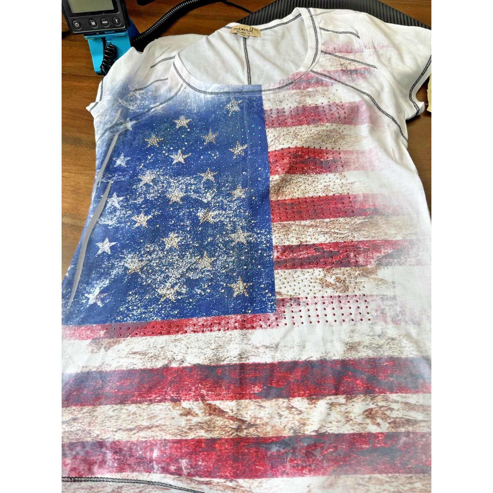 Y2k American Flag Top Medium Deadstock Shirt Rhinestone Red White Blue Bling — image 2 of 8